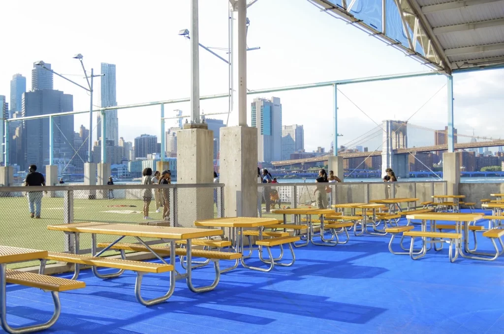 cafe seating area at Pier 2 Roller Rink at Brooklyn Bridge Park